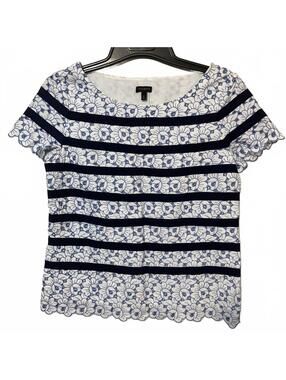 Talbots Women's Floral Striped Cottagecore Scalloped Short Sleeve Top Small (6)